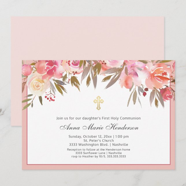 Blush Pink Floral Gold Cross First Holy Communion  Invitation (Front/Back)
