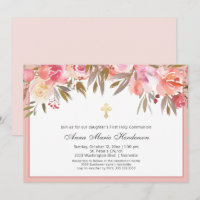 Blush Pink Floral Gold Cross First Holy Communion