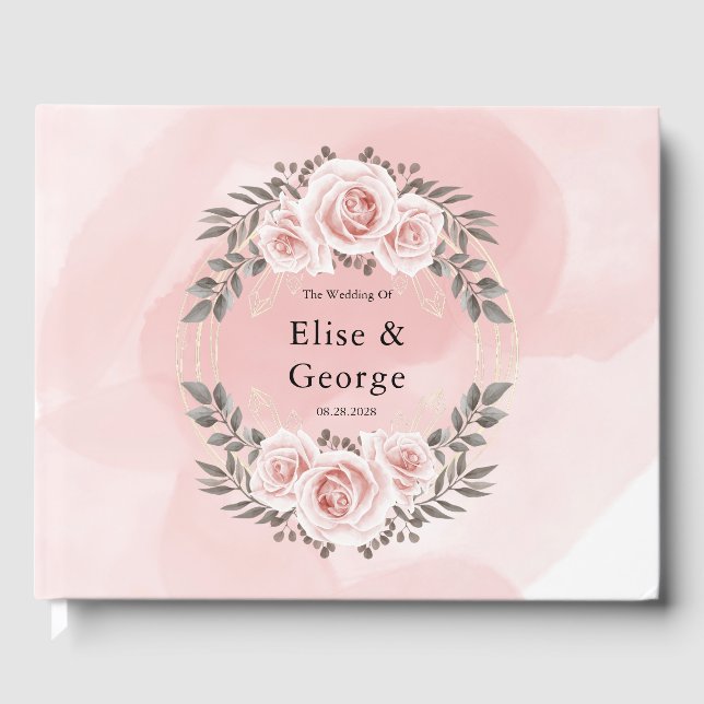 Blush Pink Floral Gold Crystal Geometric Wedding Guest Book (Front)