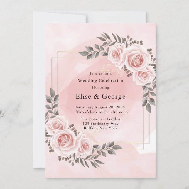 Blush Pink Floral Gold Crystal Geometric Wedding Invitation (Front)