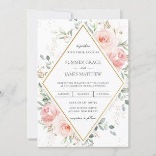 Blush Pink Floral Gold Diamond Geometric Wedding  Invitation
