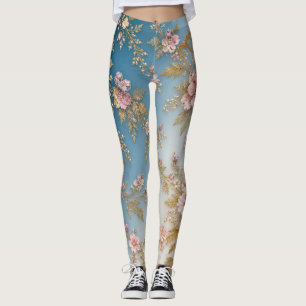 Blush Pink Floral Gold Embroidery Blue Ombre Leggi Leggings