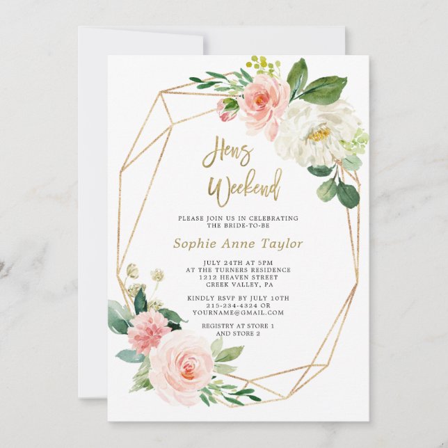 Blush Pink Floral Gold Frame Bachelorette Weekend Invitation (Front)