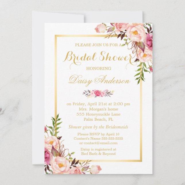 Blush Pink Floral Gold Frame Bridal Shower Invitation (Front)