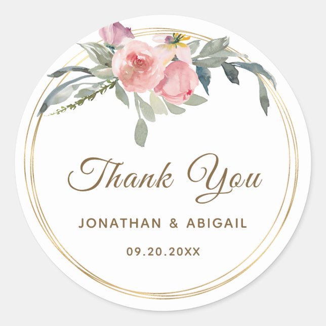 Blush Pink Floral Gold Frame Thank You Wedding Classic Round Sticker (Front)
