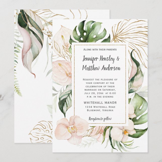Blush Pink Floral Gold Frame Tropical Wedding Invitation (Front/Back)