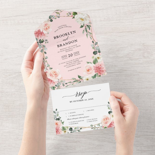 Blush Pink Floral Gold Geometric Botanical Wedding All In One Invitation (Tearaway)