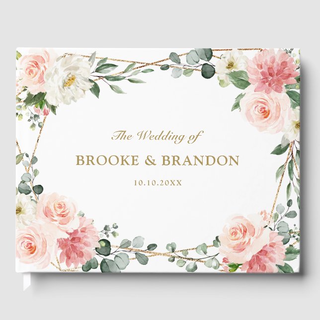 Blush Pink Floral Gold Geometric Botanical Wedding Guest Book (Front)
