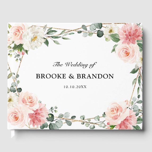 Blush Pink Floral Gold Geometric Botanical Wedding Guest Book (Front)