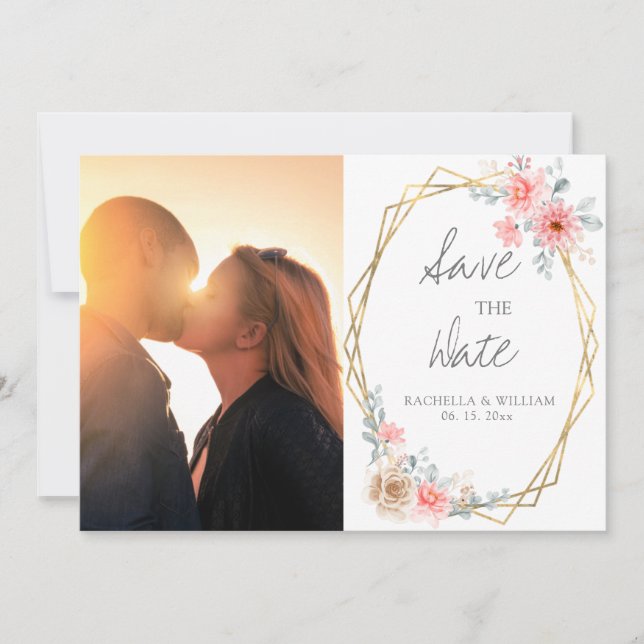 Blush Pink Floral Gold Geometric Botanical Wedding Save The Date (Front)