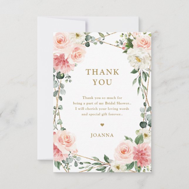 Blush Pink Floral Gold Geometric Botanical Wedding Thank You Card (Front)