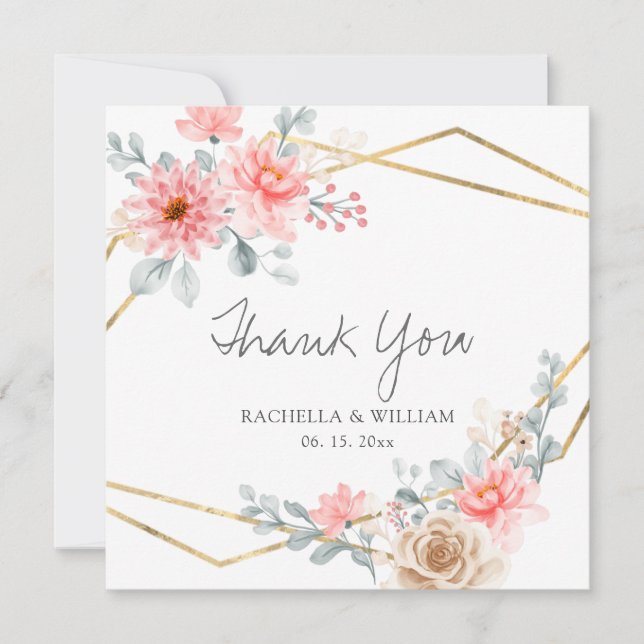 Blush Pink Floral Gold Geometric Botanical Wedding Thank You Card (Front)