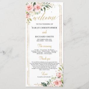 Blush pink floral Gold geometric frame wedding Program