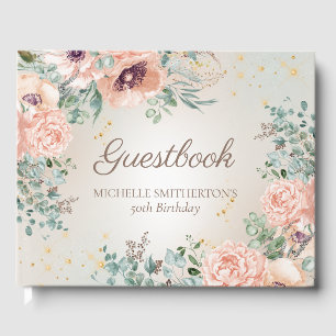 Blush Pink Floral Gold Glitter Birthday Guestbook