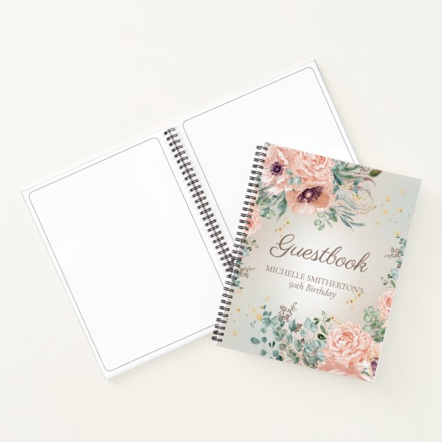 Blush Pink Floral Gold Glitter Birthday Guestbook Notebook (Inside)