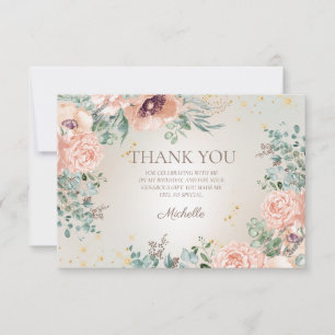 Blush Pink Floral Gold Glitter Birthday Thank You Card