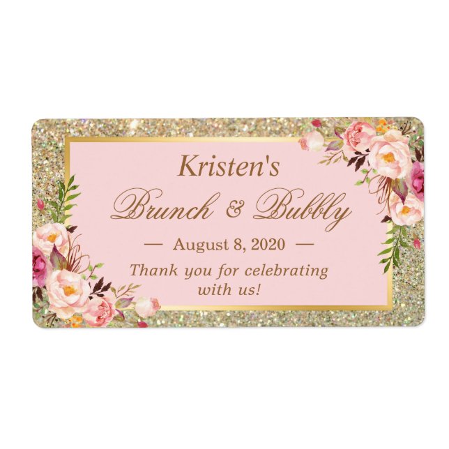 Blush Pink Floral Gold Glitter Brunch & Bubbly (Front)