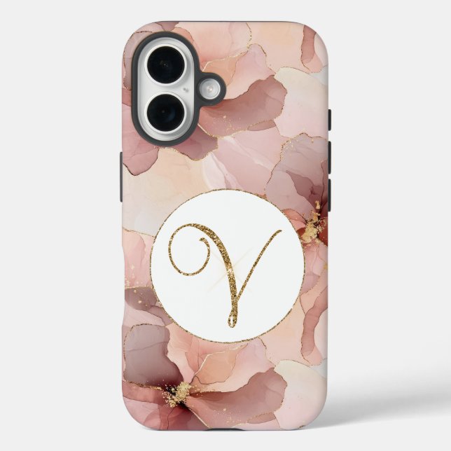 Blush Pink Floral Gold Glitter Letter V Case-Mate iPhone Case (Back)