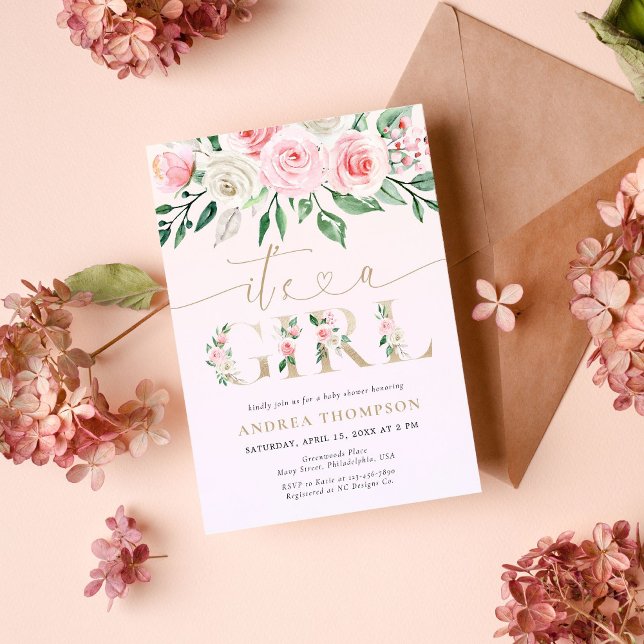 Blush Pink Floral Gold It's A Girl Baby Shower Invitation (Creator Uploaded)