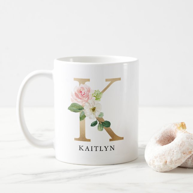 Blush Pink Floral & Gold Letter K Monogram Coffee Mug (With Donut)