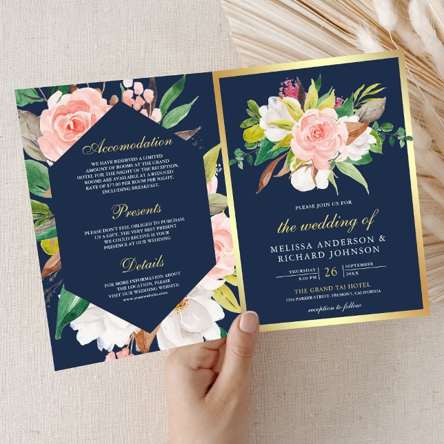 Blush Pink Floral Gold Navy Blue QR Code Wedding Invitation (Creator Uploaded)