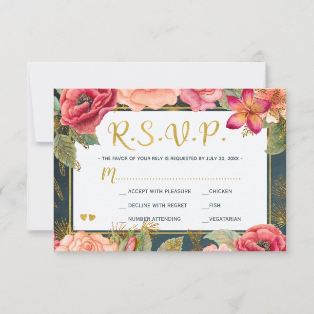 Blush pink floral gold navy typograpy wedding rsvp (Front)