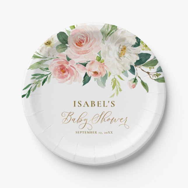 Blush Pink Floral & Gold Personalized Baby Shower Paper Plate (Front)