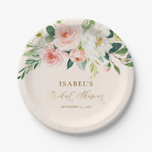 Blush Pink Floral Gold Personalized Bridal Shower Paper Plate