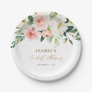 Blush Pink Floral Gold Personalized Bridal Shower Paper Plate