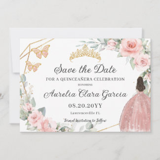 Blush Pink Floral Gold Quinceañera Sweet Sixteen Save The Date