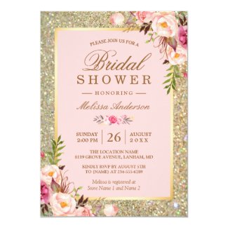 Blush Pink Floral Gold Sparkles Bridal Shower Invitation