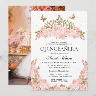 Blush Pink Floral Gold Tiara Photo Quinceanera Invitation
