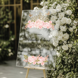 Blush Pink Floral Gold Tiara Quinceanera Welcome Acrylic Sign