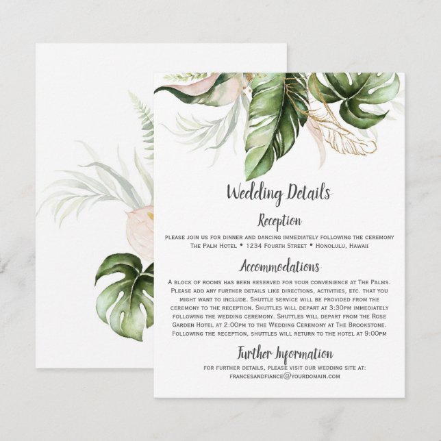 Blush Pink Floral Gold Tropical Greenery Wedding Enclosure Card (Front/Back)