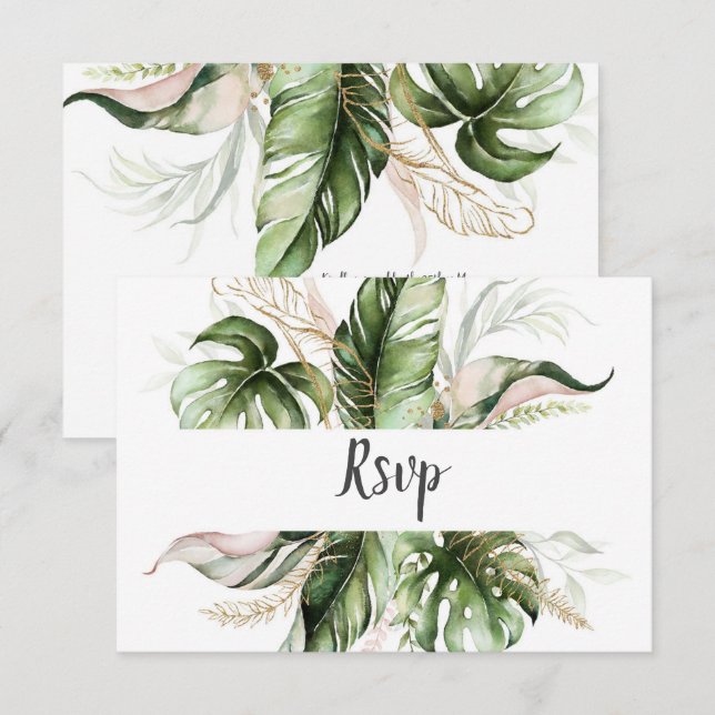 Blush Pink Floral Gold Tropical Greenery Wedding RSVP Card (Front/Back)