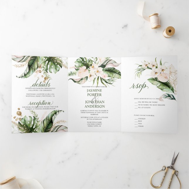 Blush Pink Floral Gold Tropical Greenery Wedding Tri-Fold Invitation (Inside)
