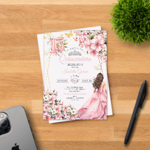 Blush Pink Floral Golden Butterflies Quinceañera Acrylic Invitations