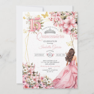 Blush Pink Floral Golden Butterflies Quinceañera Invitation