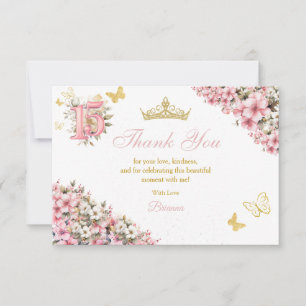 Blush Pink Floral Golden Butterflies Quinceañera Thank You Card