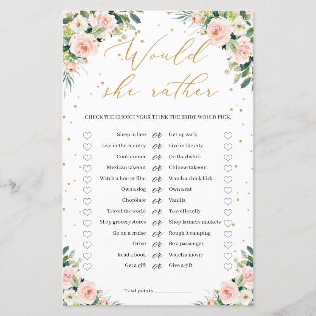 Blush pink floral green gold Would she Rather game (Front)