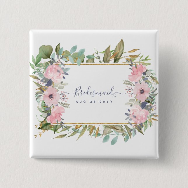 Blush Pink Floral Greenery Boho Wedding 2 Inch Square Button (Front)