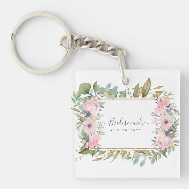 Blush Pink Floral Greenery Boho Wedding Keychain (Front)