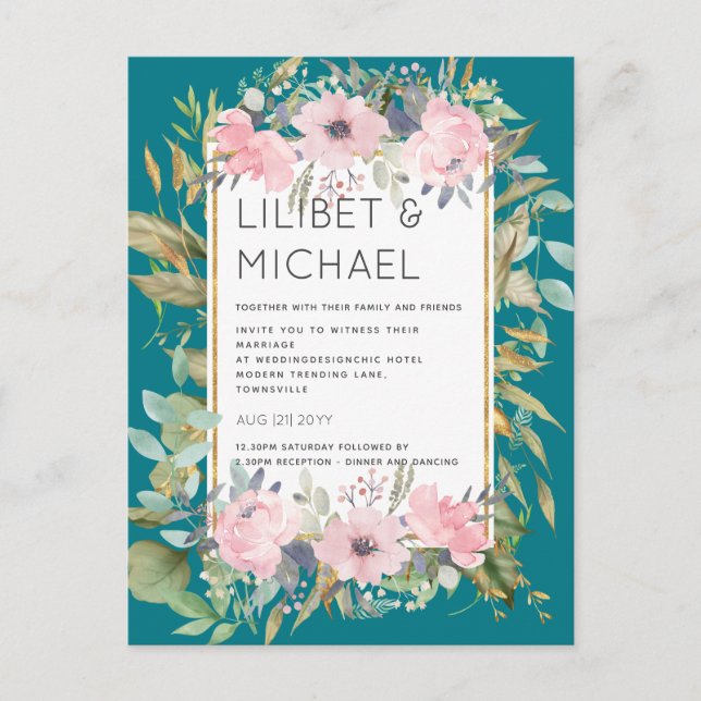 Blush Pink Floral Greenery Boho Wedding Postcard (Front)