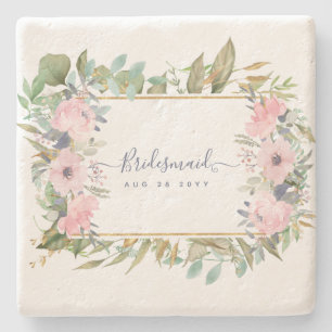 Blush Pink Floral Greenery Boho Wedding Stone Coaster