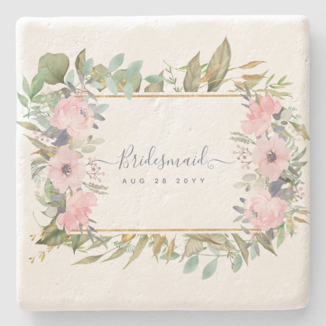 Blush Pink Floral Greenery Boho Wedding Stone Coaster (Front)
