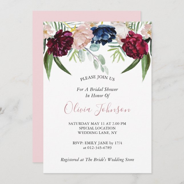 Blush Pink Floral Greenery Bridal Shower Invitation (Front/Back)