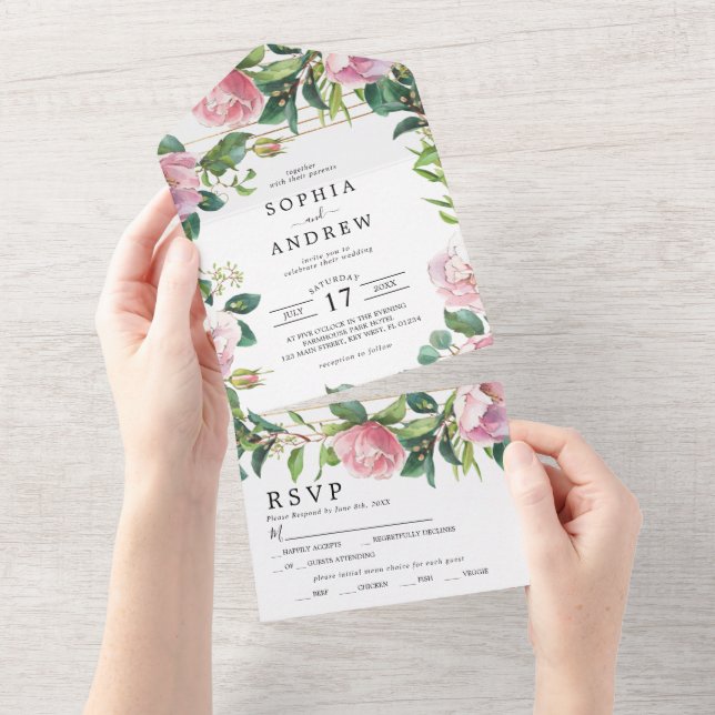 Blush Pink Floral & Greenery Wedding All In One Invitation (Tearaway)