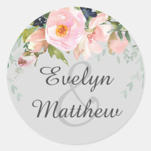 Blush Pink Floral Grey Ampersand Wedding Classic Round Sticker