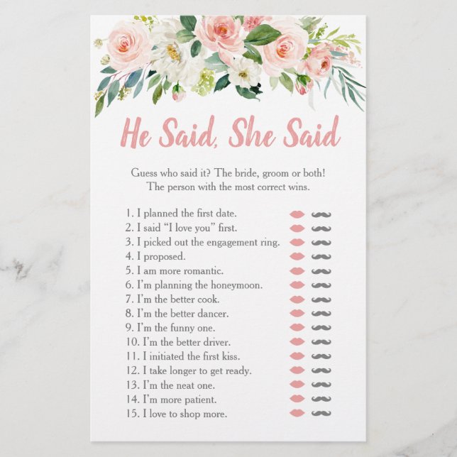Blush Pink Floral He Said She Said Bridal Game (Front)