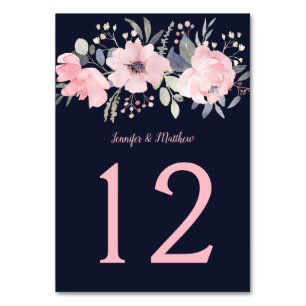 Blush Pink Floral Header on Navy Table Number